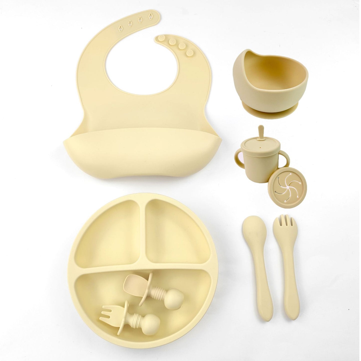 Conjunto 8 peças de louça Infantil em silicone com pratos, ventosas, garfos, colheres, babadores, palhas, suprimentos.